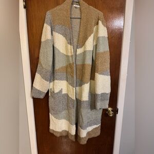 Nine West Long Open-Front Striped Cardigan in Cream, Gray & Tan
